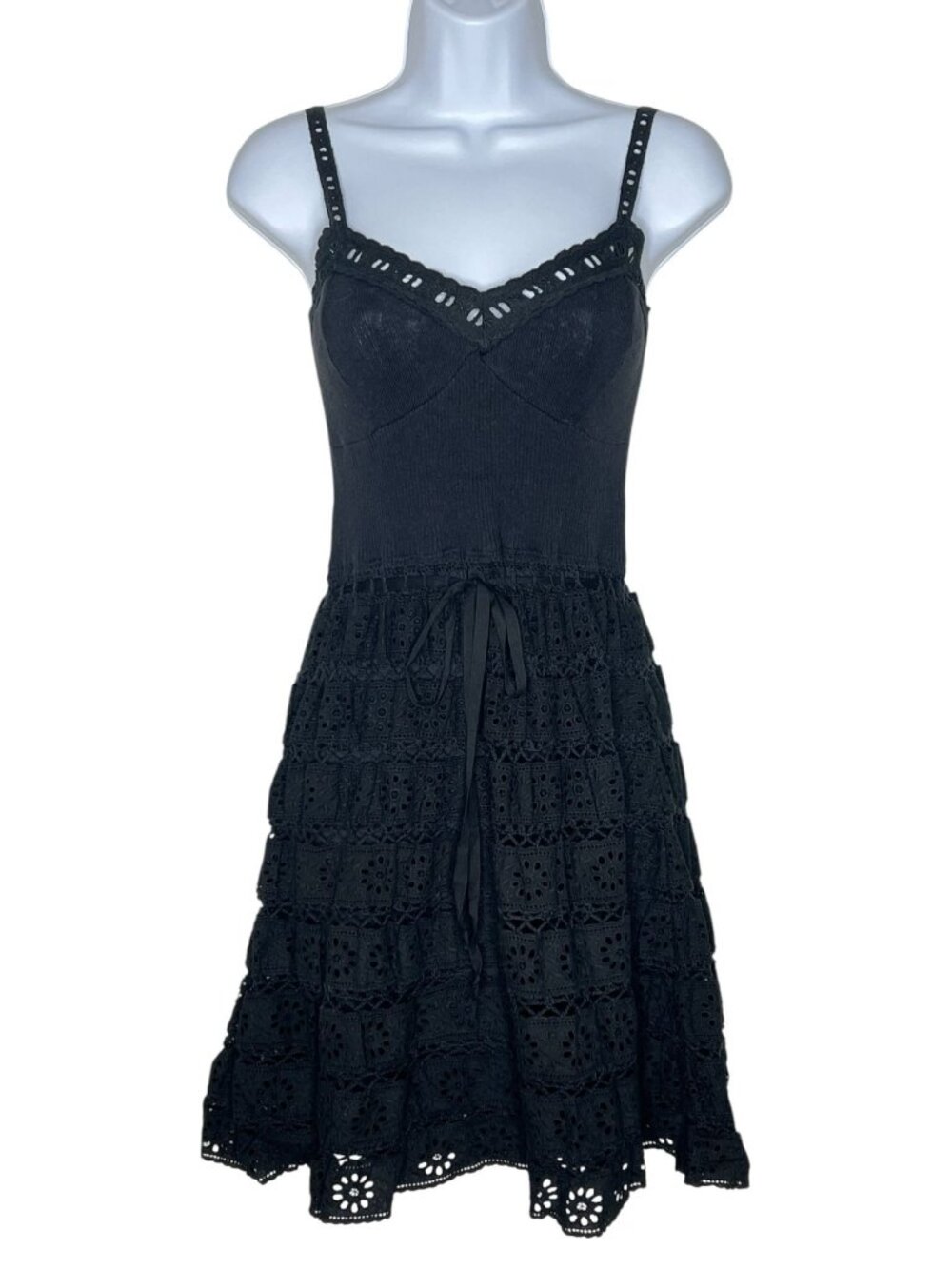 Vintage Betsey Johnson Eyelet Slip Dress Black Ribbed Knit Sleeveless Mini Small
